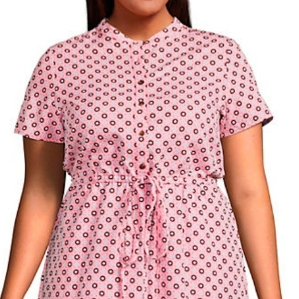 Lands End Womens Rayon Short Sleeve Button-Down Dress, Drawstring Waist Red Blue - Picture 3 of 15